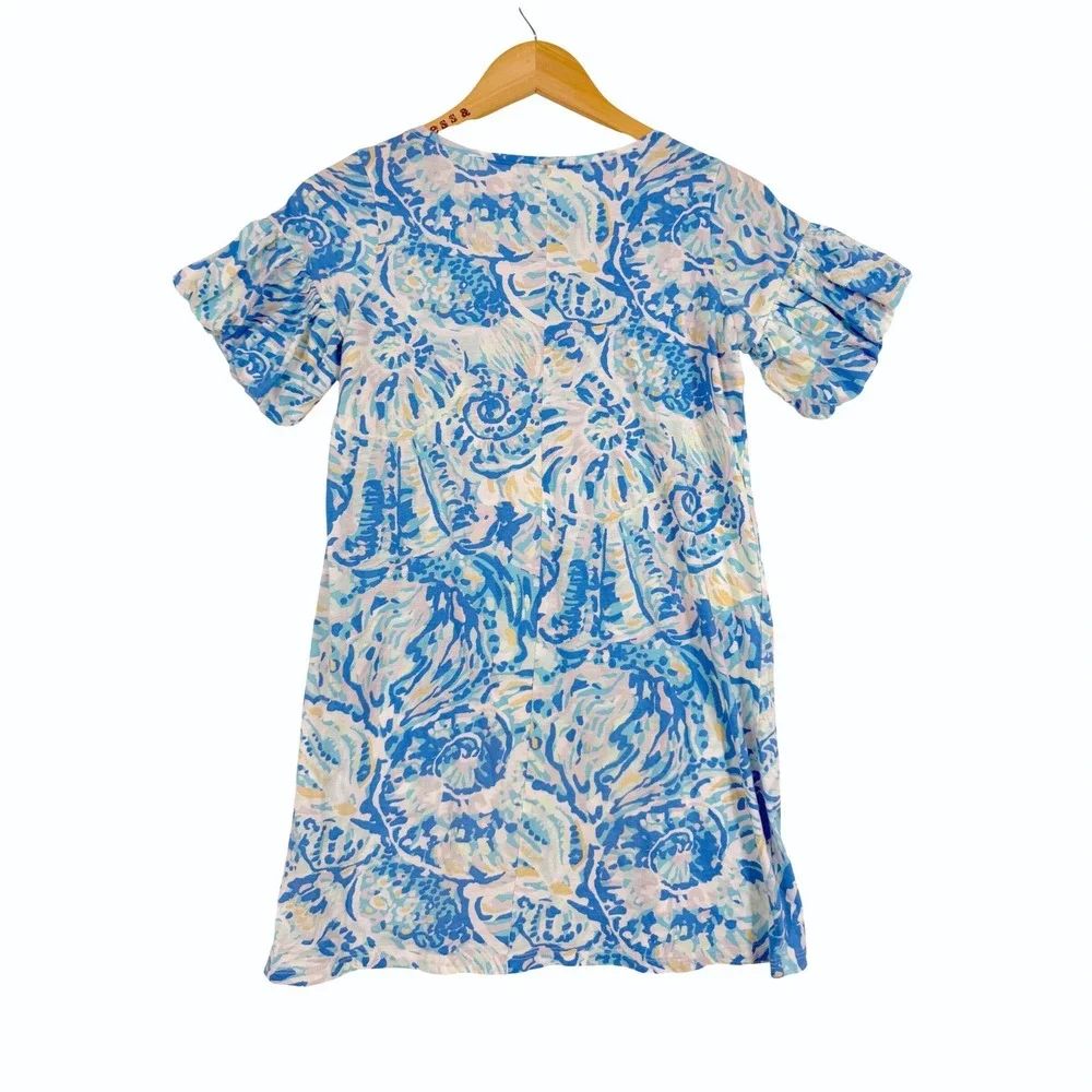 Lilly Pulitzer Dress Kids XL 12-14 Blue White Seashell Print Ruffle Sleeve 29157
